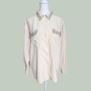Vintage Nancy Crystal Embroidered Collar Button Down Silk Blouse Cream Size 6